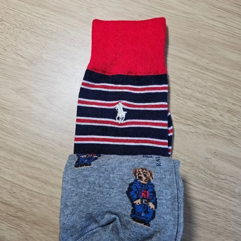 Polo Ralph Lauren Bear USA Socks 2-Pack AOP Striped Large L 10-13 Grey Navy Pony - Picture 6 of 8